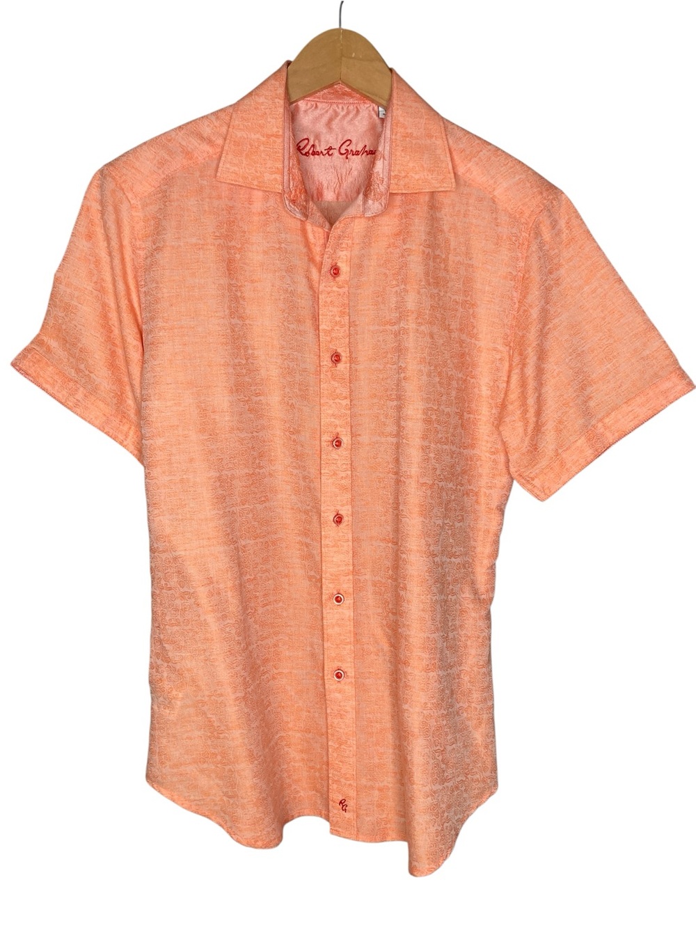 Robert Graham Linen Cotton Short Sleeve Button Front Shirt Orange Men's Medium
